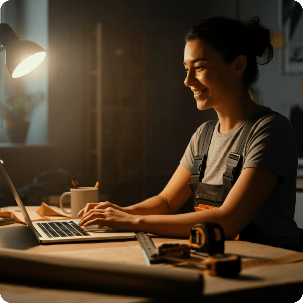 Smiling woman in a workshop using a laptop at a desk with tools.