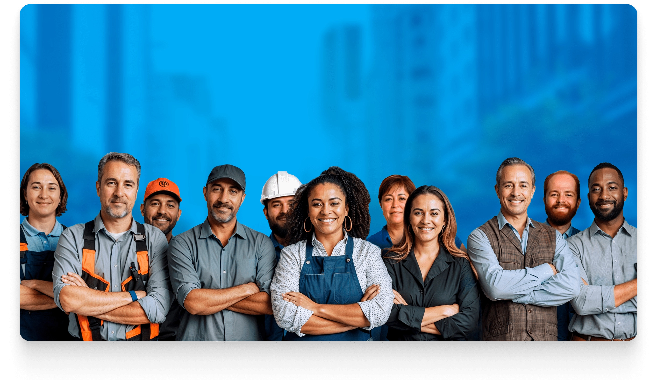 Group of diverse professionals, including tradespeople and business experts, standing together.