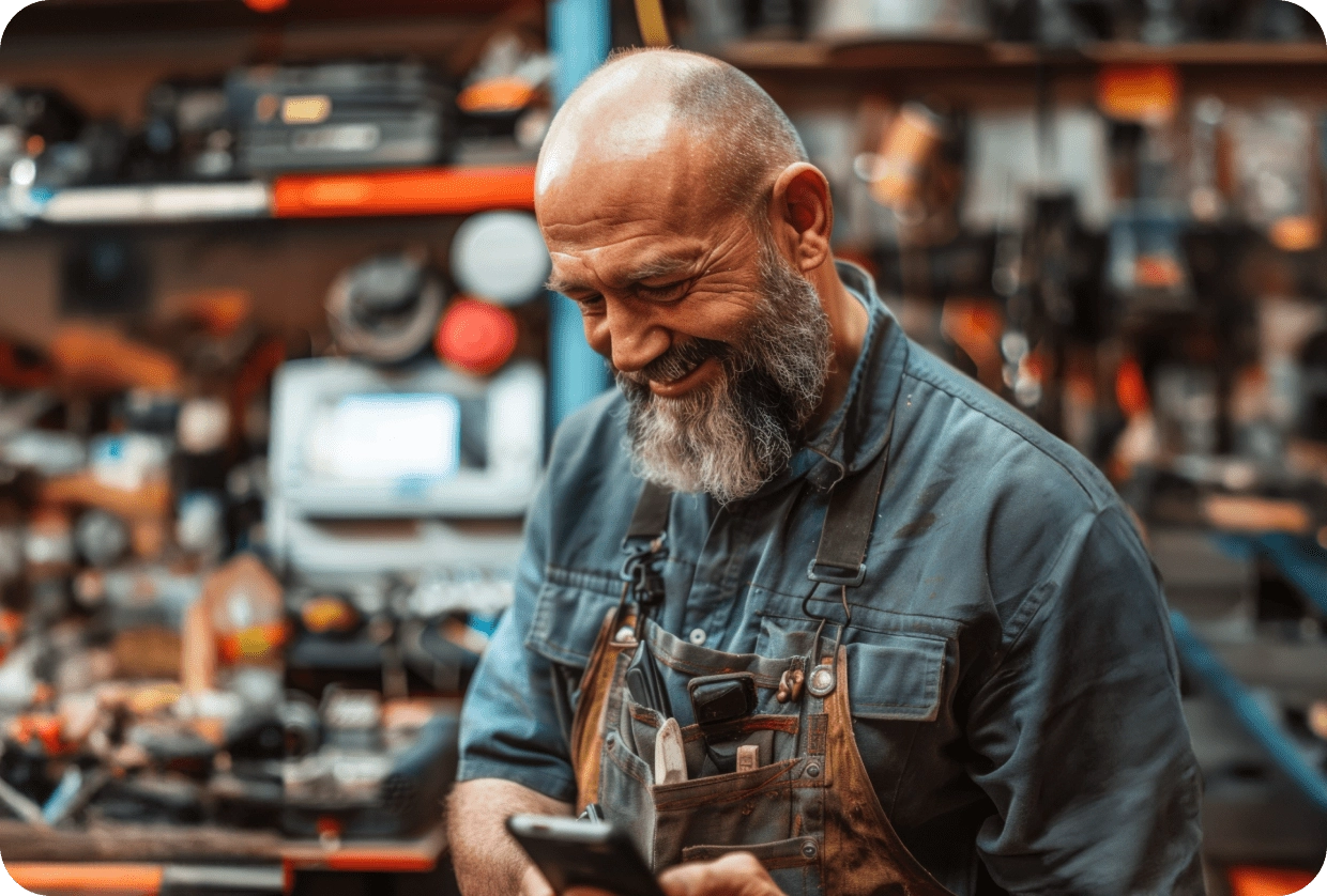 Smiling bearded craftsman wearing overalls in a workshop.