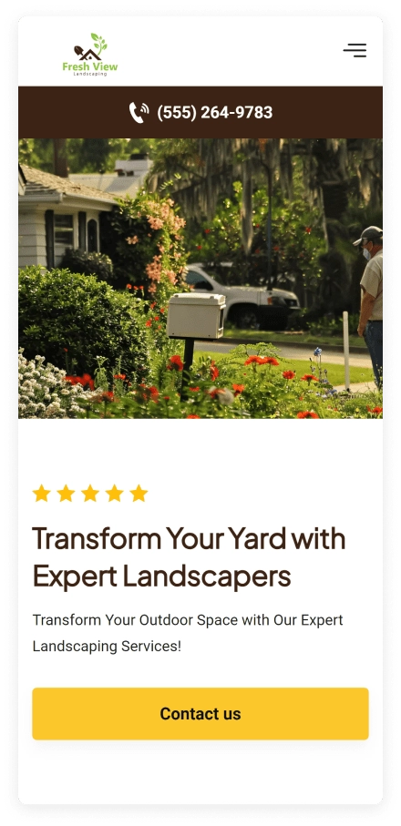 Smartphone screens displaying a landscaping service website.