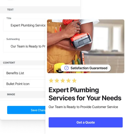 Website builder interface displaying a handyman service page with customization options for social media, hero section, and elements.