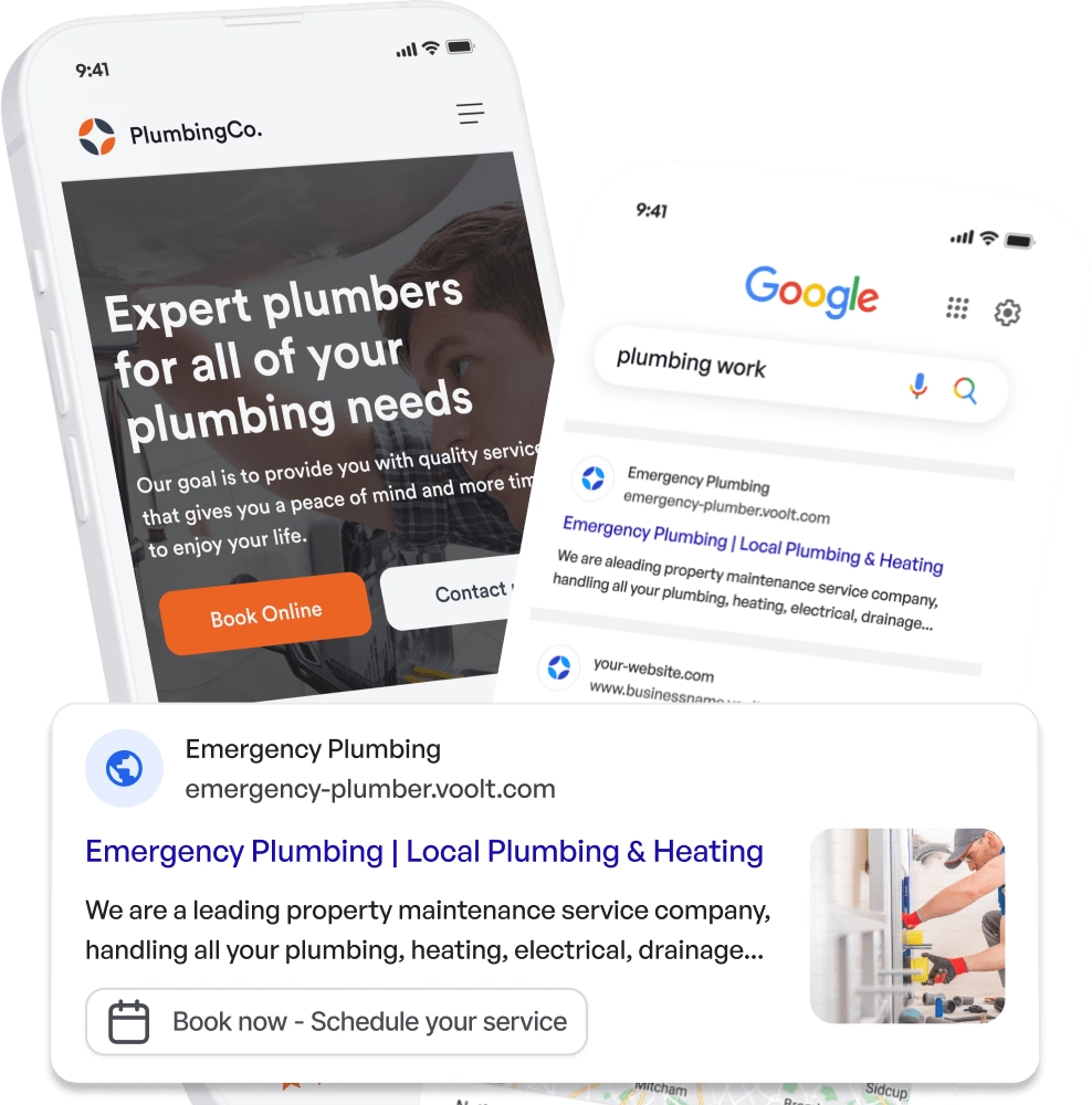 Smartphones displaying a plumbing service website and a Google search result for emergency plumbing services.