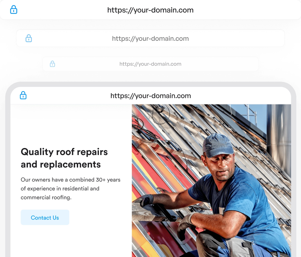 Roof repair service website on a laptop screen with custom domain URLs displayed.