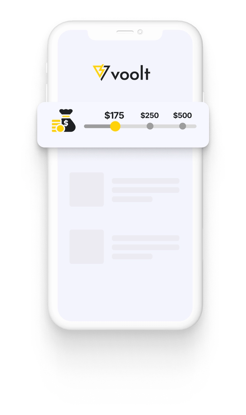 Smartphone displaying a Voolt interface with an adjustable budget slider for ad spending, ranging from $175 to $500.