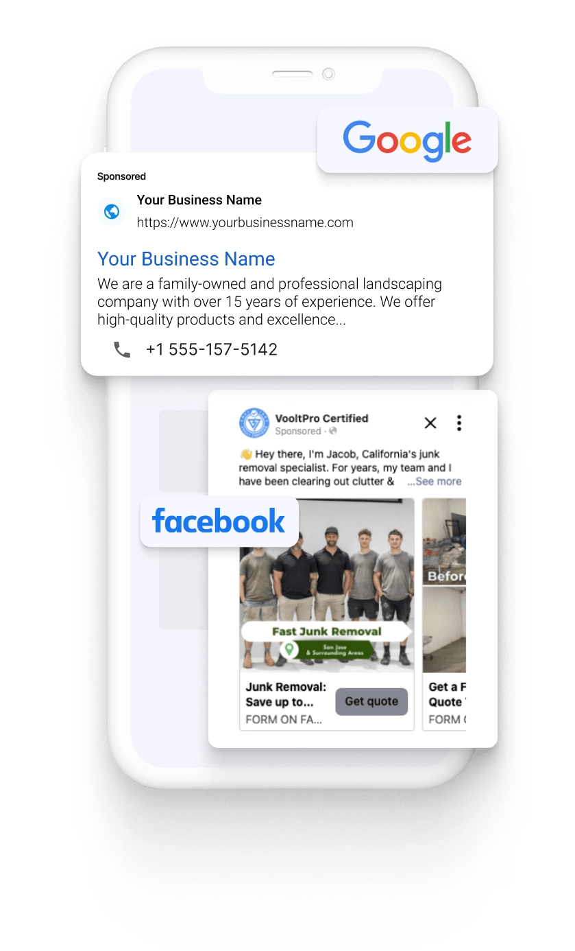 Smartphone screen showing Voolt ads on Google and Facebook for a business, highlighting landscaping and junk removal services.