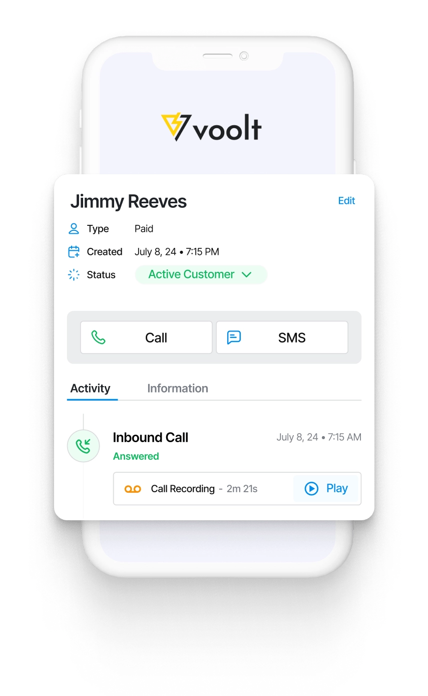 Customer contact details and call activity on Voolt's dashboard shown on a smartphone interface, with options to call or send SMS.