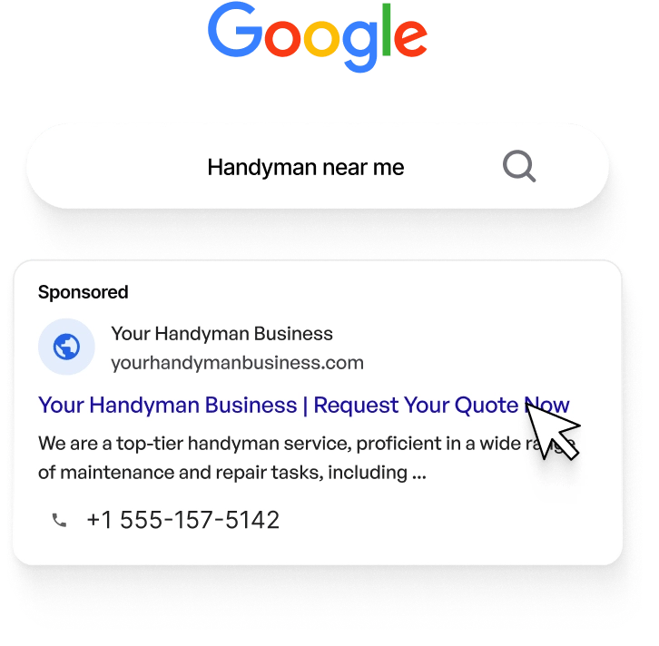 Google search result for handyman services with a request for a quote button.