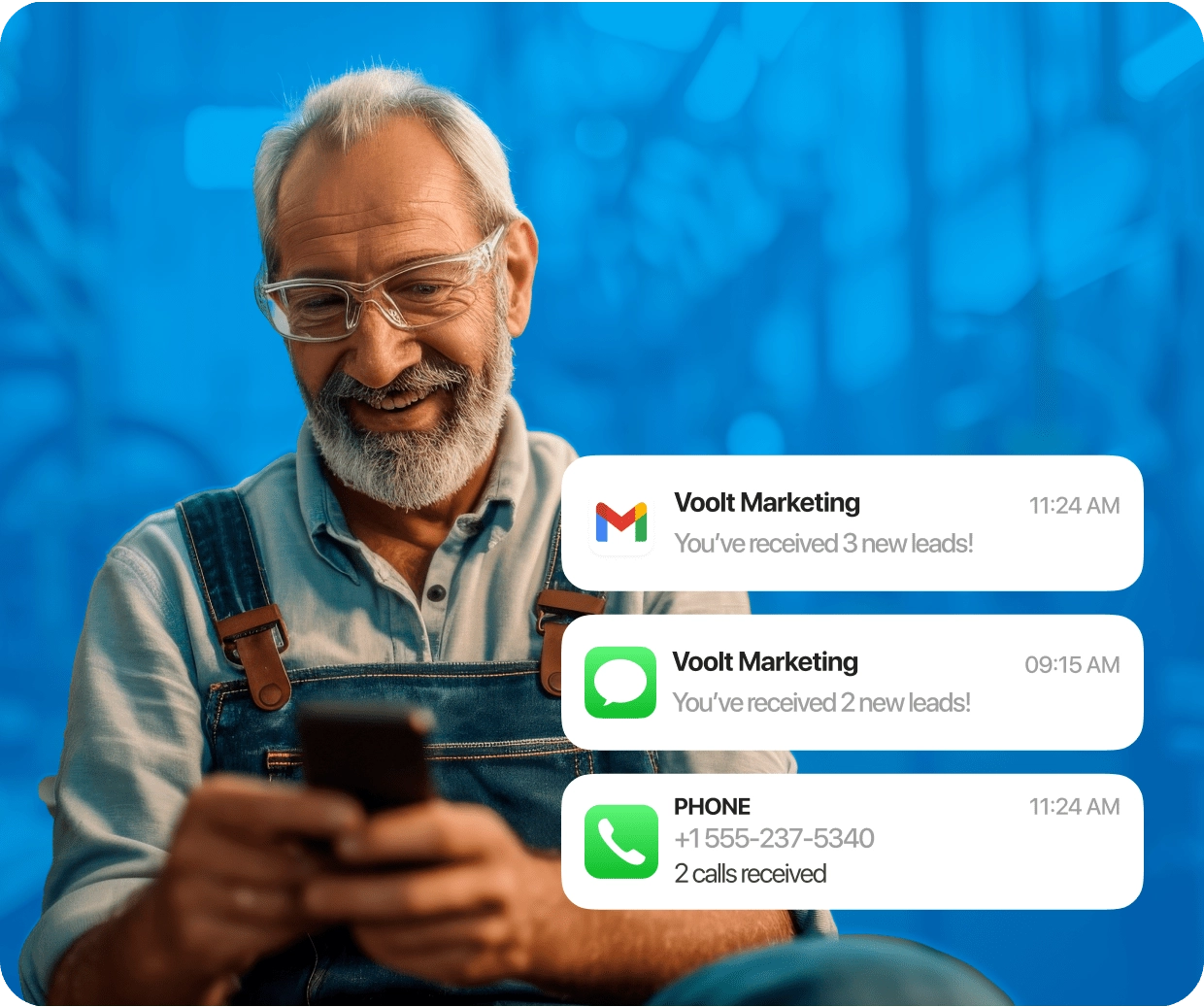 Smiling man in overalls receiving multiple new lead notifications from Voolt Marketing on his smartphone.