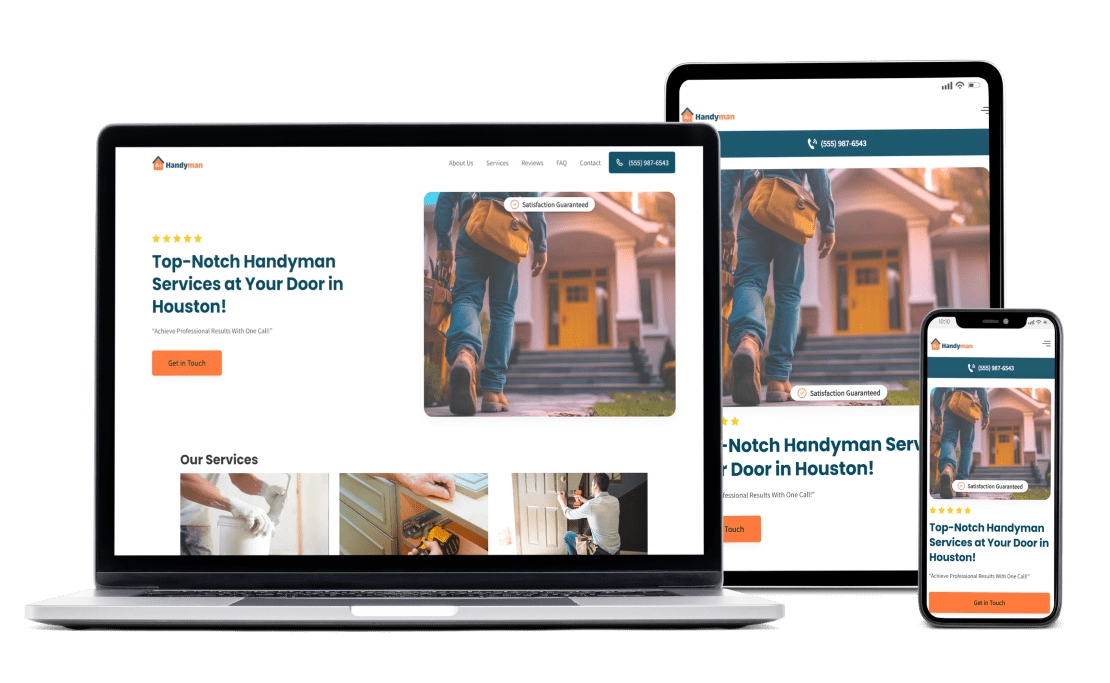 Handyman service website displayed on a laptop, tablet, and smartphone.
