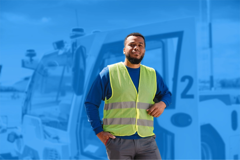 Roadside assistance worker wearing a reflective vest standing near a tow truck.