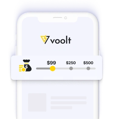 Smartphone displaying a Voolt interface with an adjustable budget slider for ad spending, ranging from $175 to $500.
