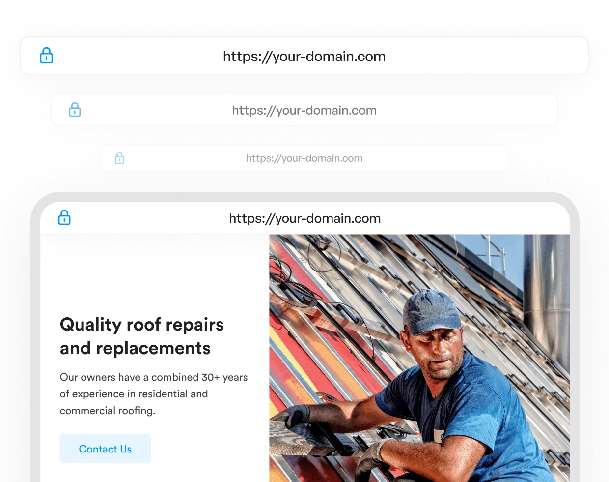 Roof repair service website on a laptop screen with custom domain URLs displayed.