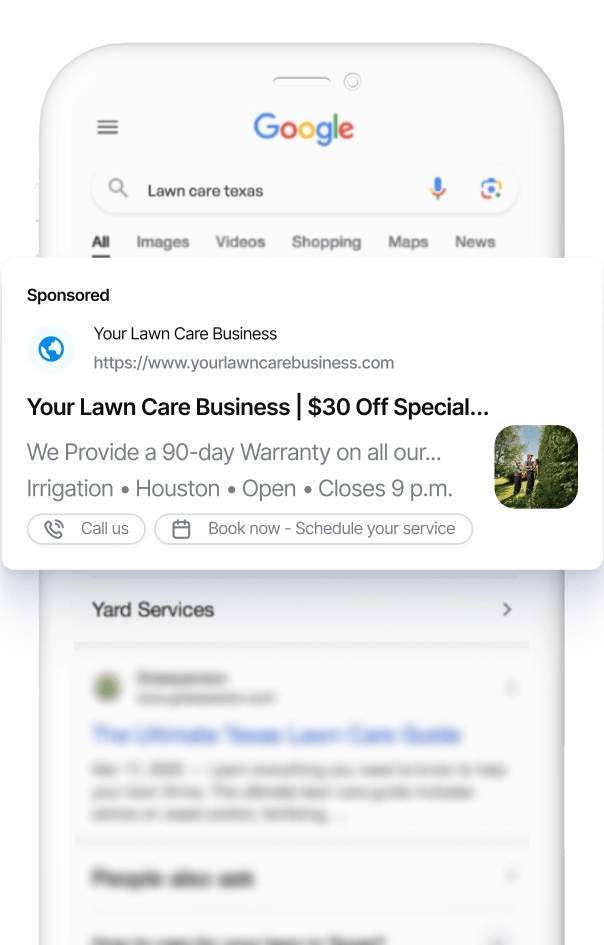 Smartphone displaying a Google search result for a lawn care business with a sponsored ad.