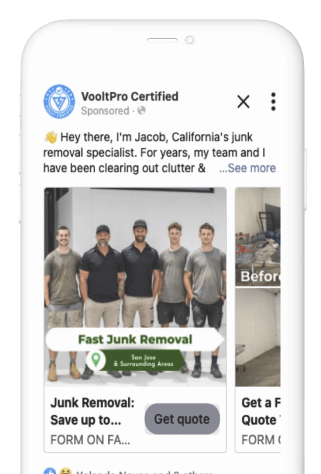 Smartphone displaying a social media ad for a junk removal service.